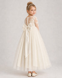 Champagne First Communion Dress Button Back Lace Sleeve Bow Tulle Gown Back View