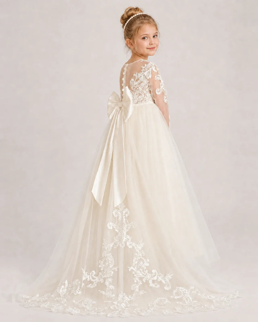 Champagne Lace A-line First Communion Dress Back View
