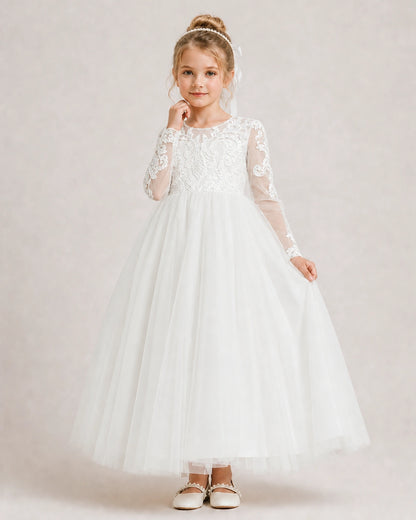 Ivory First Communion Dress Button Back Lace Sleeve Bow Tulle Gown Front View