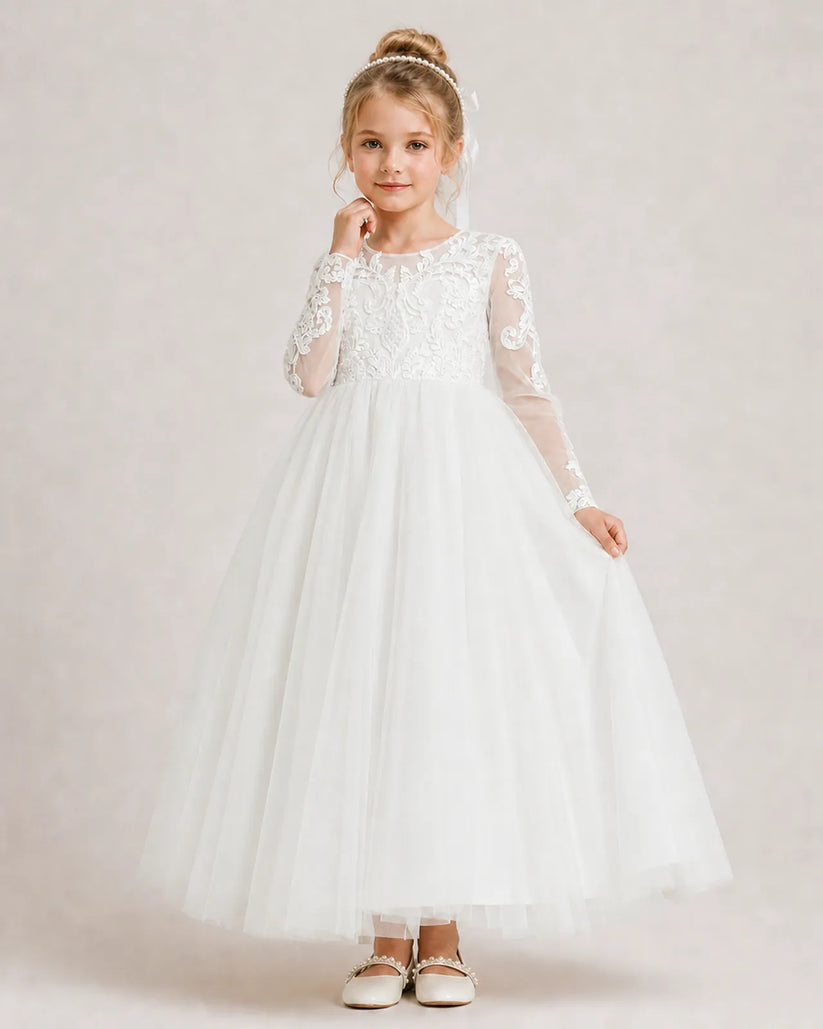 Ivory Lace A-line First Communion Dress Front View