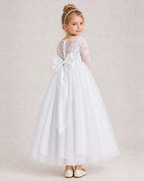 White First Communion Dress Button Back Lace Sleeve Bow Tulle Gown Back View