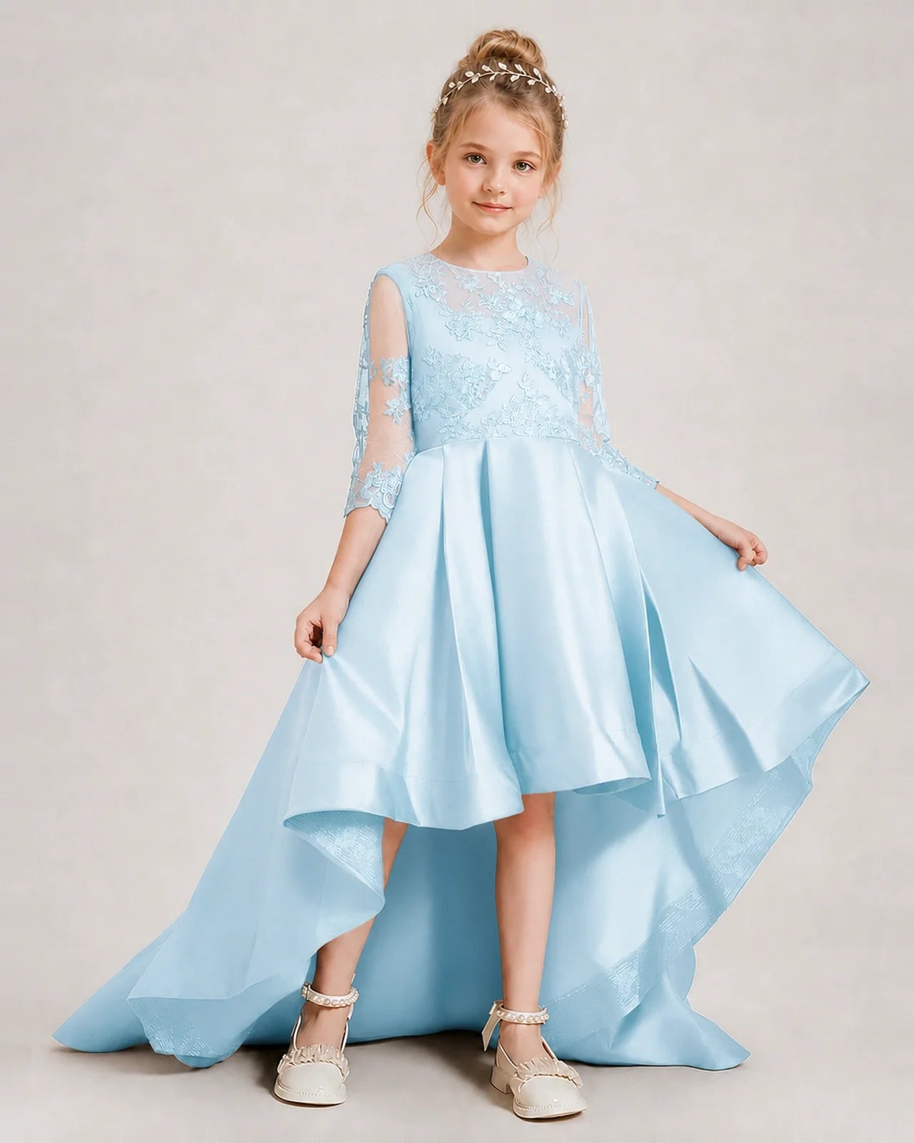 Baby Blue Pageant Dress 3/4 Sleeve Lace High Low Satin Gown