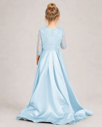 Baby Blue Pageant Dress 3/4 Sleeve Lace High Low Satin Gown