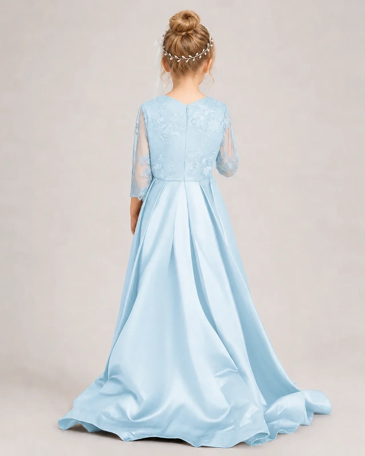 Baby Blue Pageant Dress 3/4 Sleeve Lace High Low Satin Gown