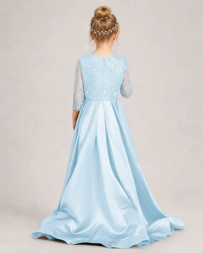 Baby Blue Pageant Dress 3/4 Sleeve Lace High Low Satin Gown