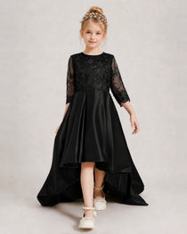 Black Pageant Dress 3/4 Sleeve Lace High Low Satin Gown