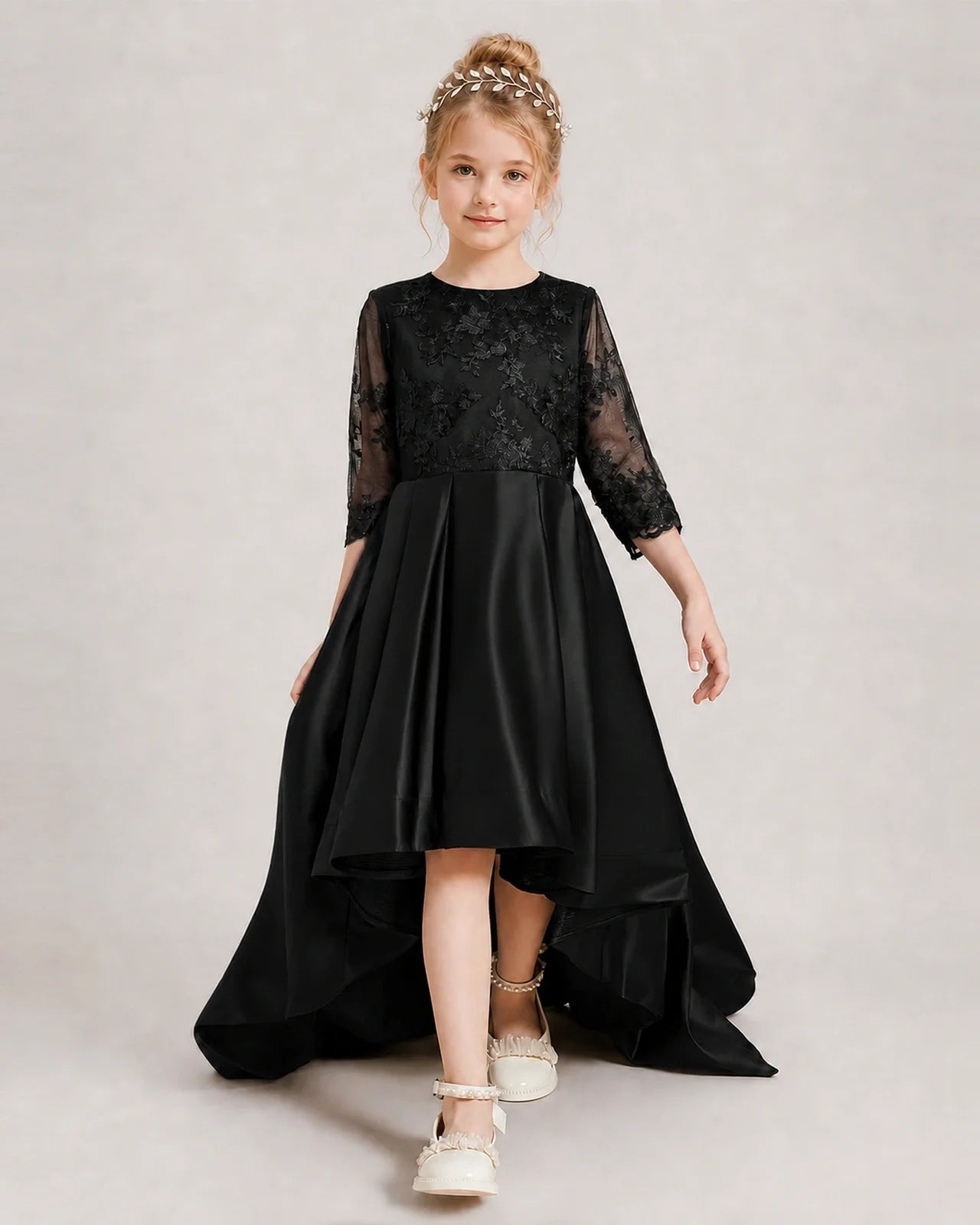 Black Pageant Dress 3/4 Sleeve Lace High Low Satin Gown
