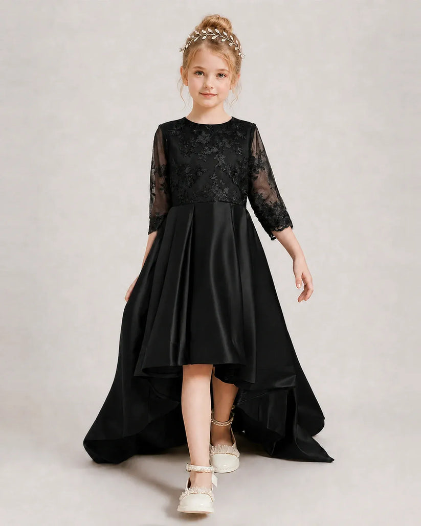 Black Satin A-line Pageant Dress Front View