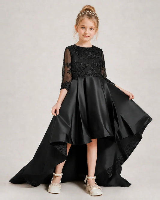 Black Satin High-low Pageant Dress Front View