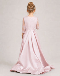 Blush Pink Pageant Dress 3/4 Sleeve Lace High Low Satin Gown