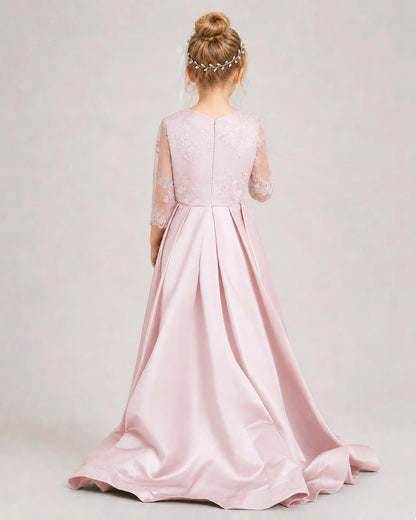 Blush Pink Pageant Dress 3/4 Sleeve Lace High Low Satin Gown