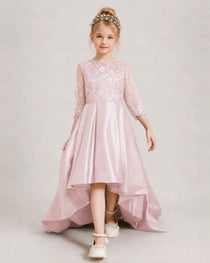 Blush Pink Pageant Dress 3/4 Sleeve Lace High Low Satin Gown