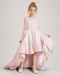 Blush Pink Pageant Dress 3/4 Sleeve Lace High Low Satin Gown