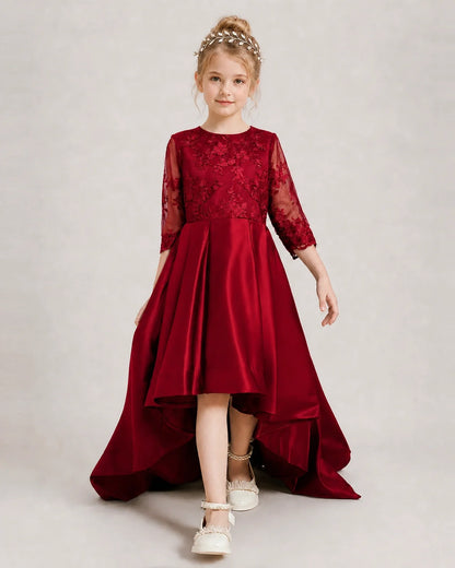 Burgundy Pageant Dress 3/4 Sleeve Lace High Low Satin Gown