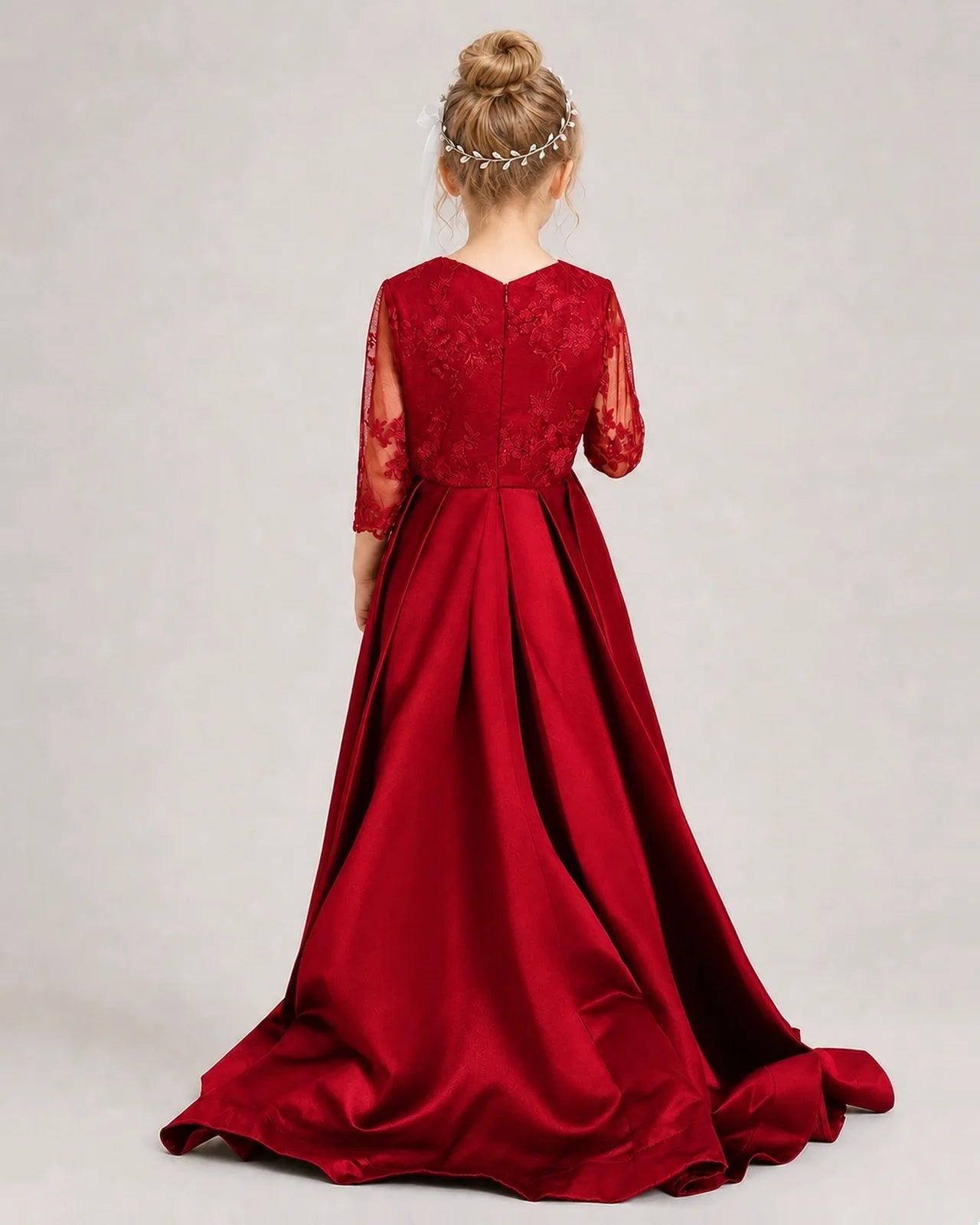 Burgundy Pageant Dress 3/4 Sleeve Lace High Low Satin Gown