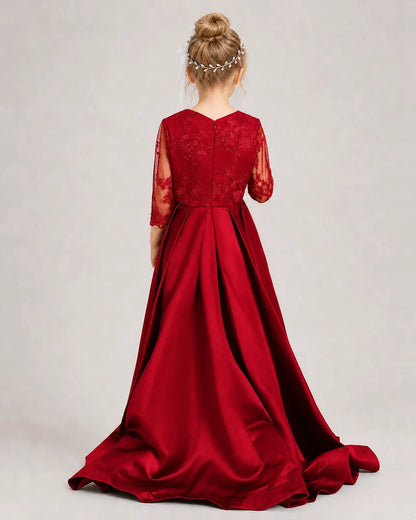 Burgundy Pageant Dress 3/4 Sleeve Lace High Low Satin Gown