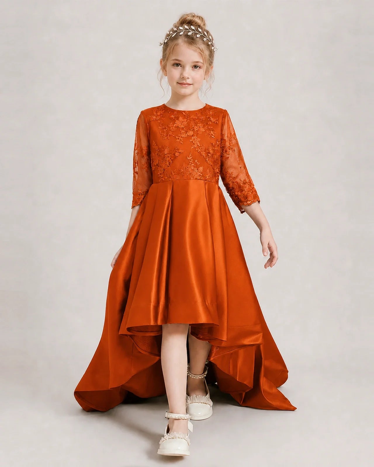 Burnt Orange Pageant Dress 3/4 Sleeve Lace High Low Satin Gown