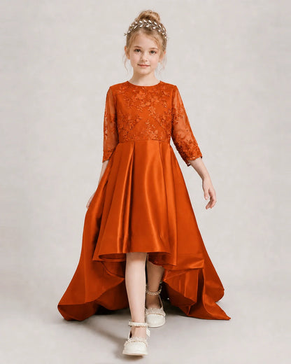 Burnt Orange Pageant Dress 3/4 Sleeve Lace High Low Satin Gown