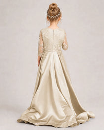 Champagne Pageant Dress 3/4 Sleeve Lace High Low Satin Gown