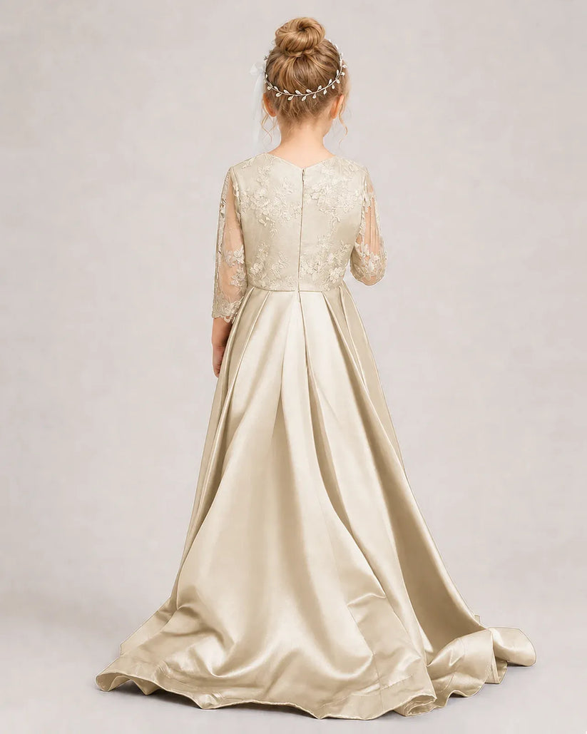 Champagne Satin A-line Pageant Dress Back View