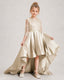 Champagne Pageant Dress 3/4 Sleeve Lace High Low Satin Gown