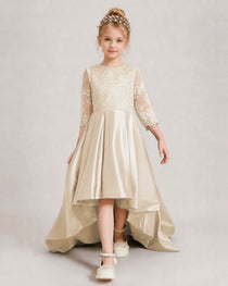 Champagne Pageant Dress 3/4 Sleeve Lace High Low Satin Gown