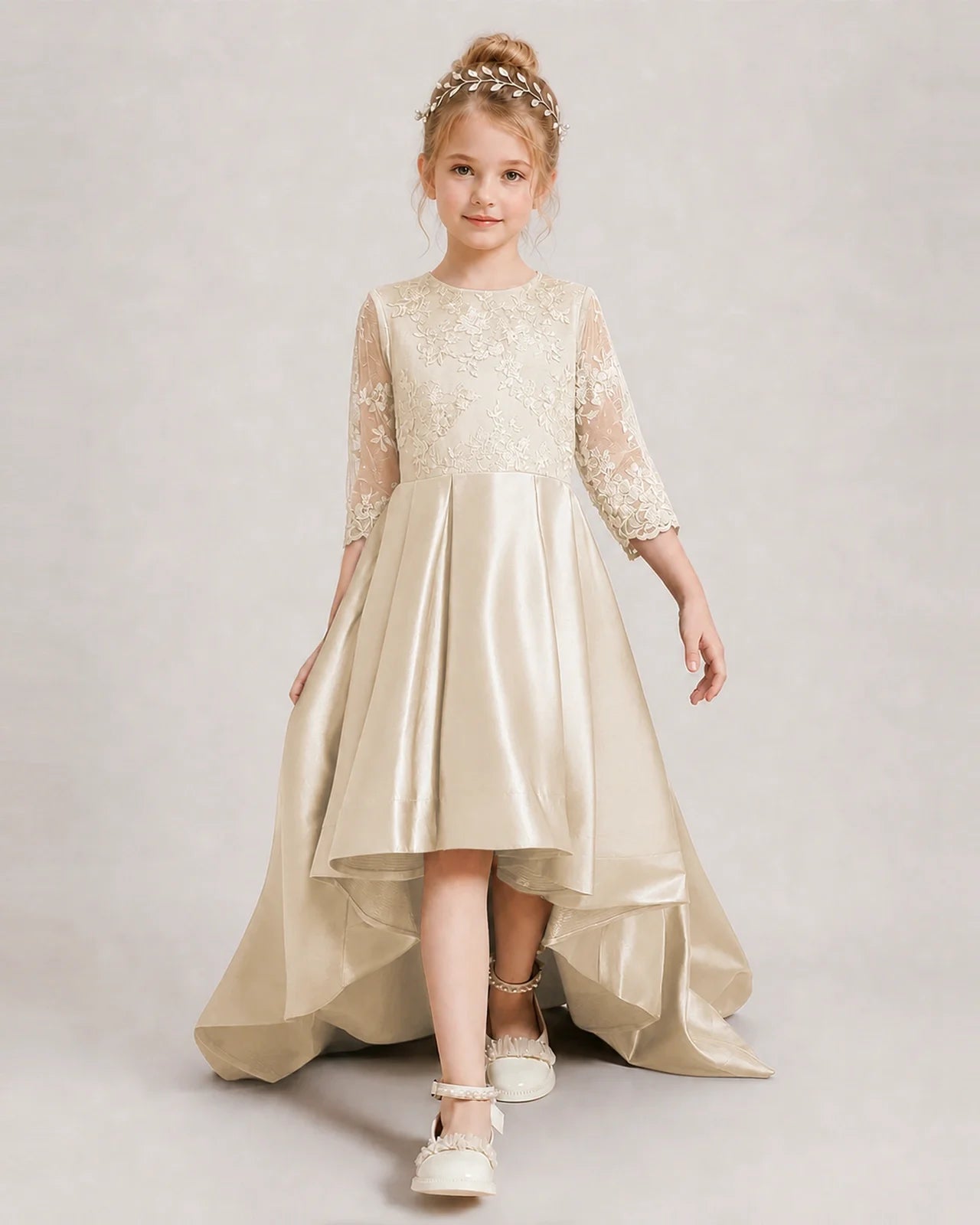 Champagne Pageant Dress 3/4 Sleeve Lace High Low Satin Gown