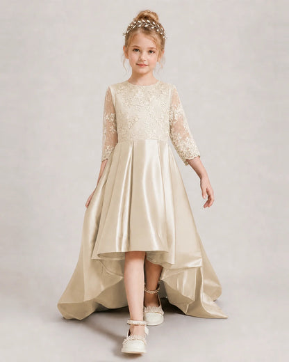 Champagne Pageant Dress 3/4 Sleeve Lace High Low Satin Gown