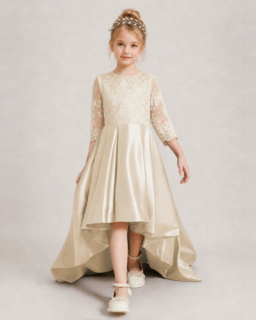 Champagne Satin High-Low Pageant Dress Front View