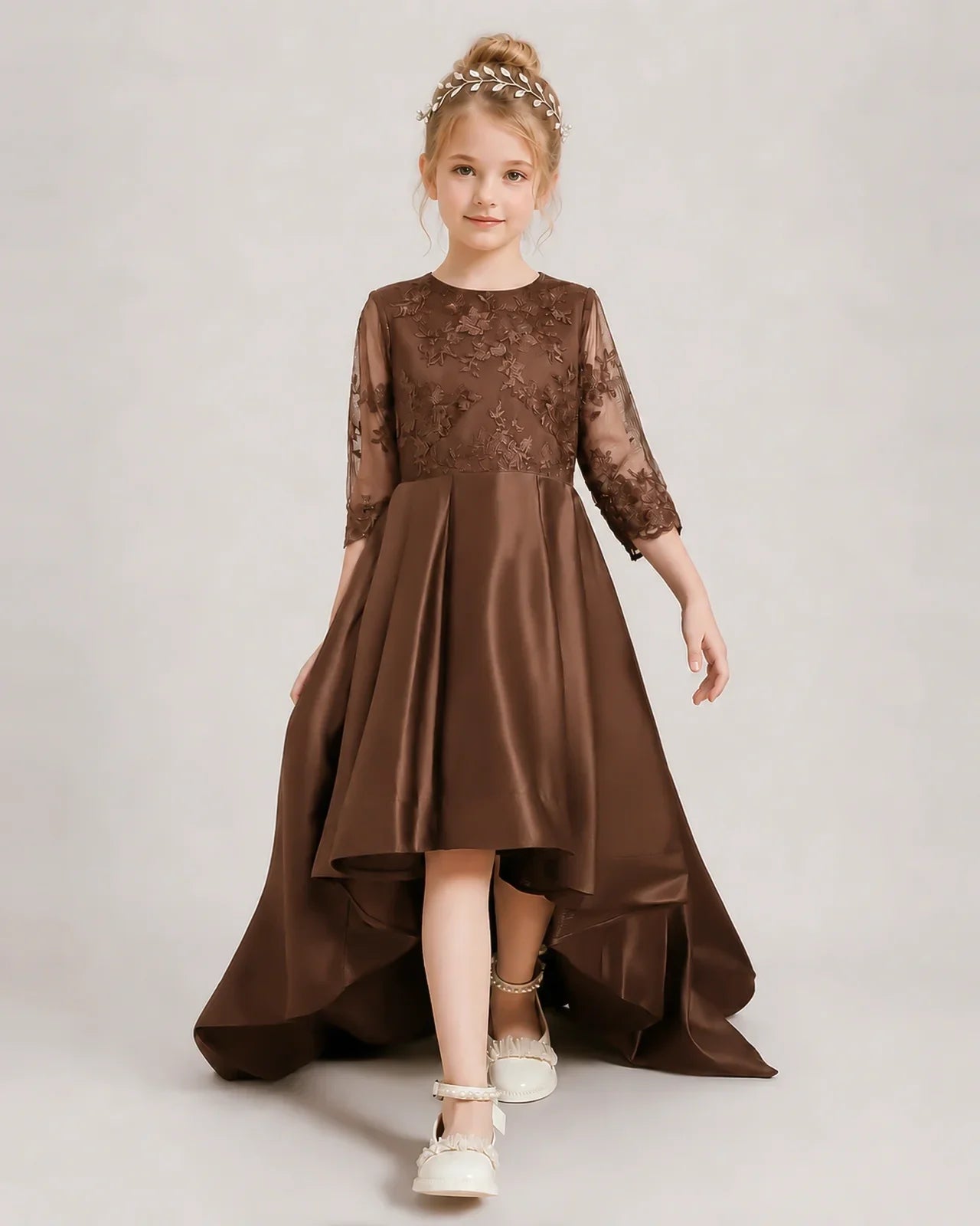 Chocolate Pageant Dress 3/4 Sleeve Lace High Low Satin Gown