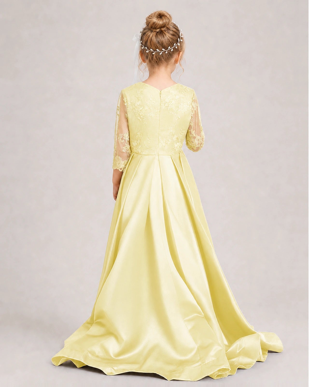 Daffodil Pageant Dress 3/4 Sleeve Lace High Low Satin Gown
