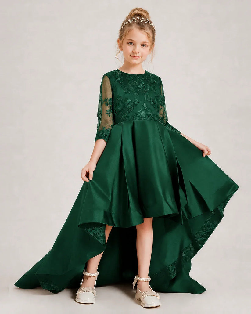 Dark Green Satin A-line Pageant Dress Front View