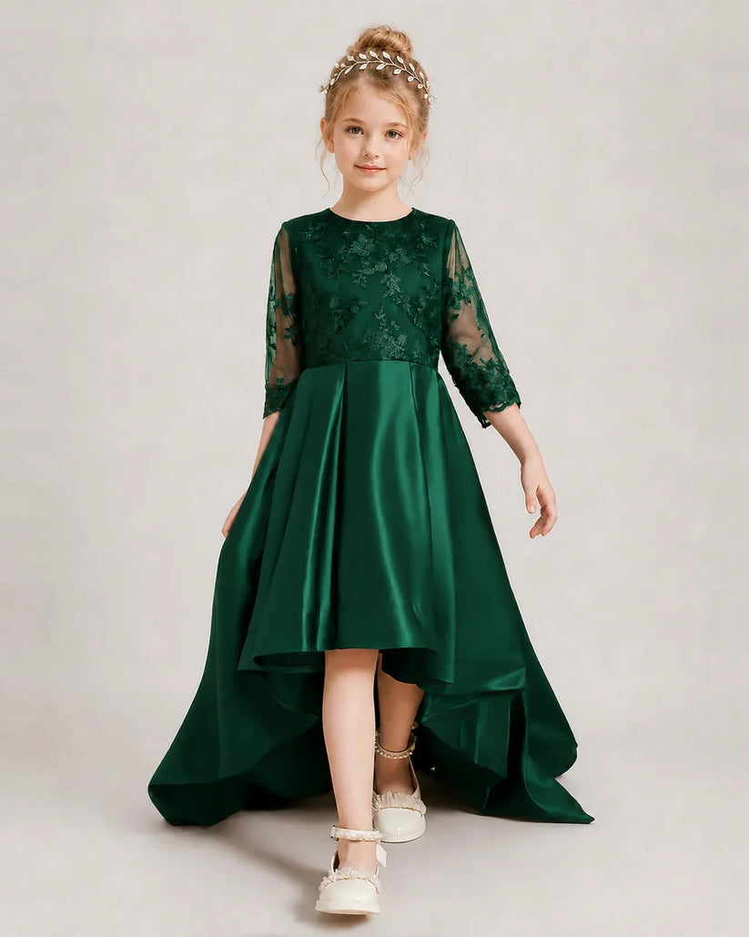 Dark Green Satin A-line Pageant Dress Front View