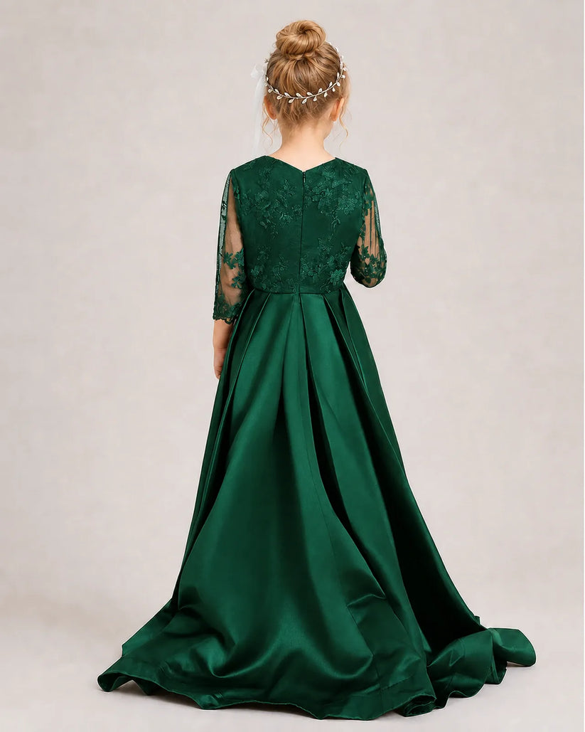 Dark Green Satin A-line Pageant Dress Back View