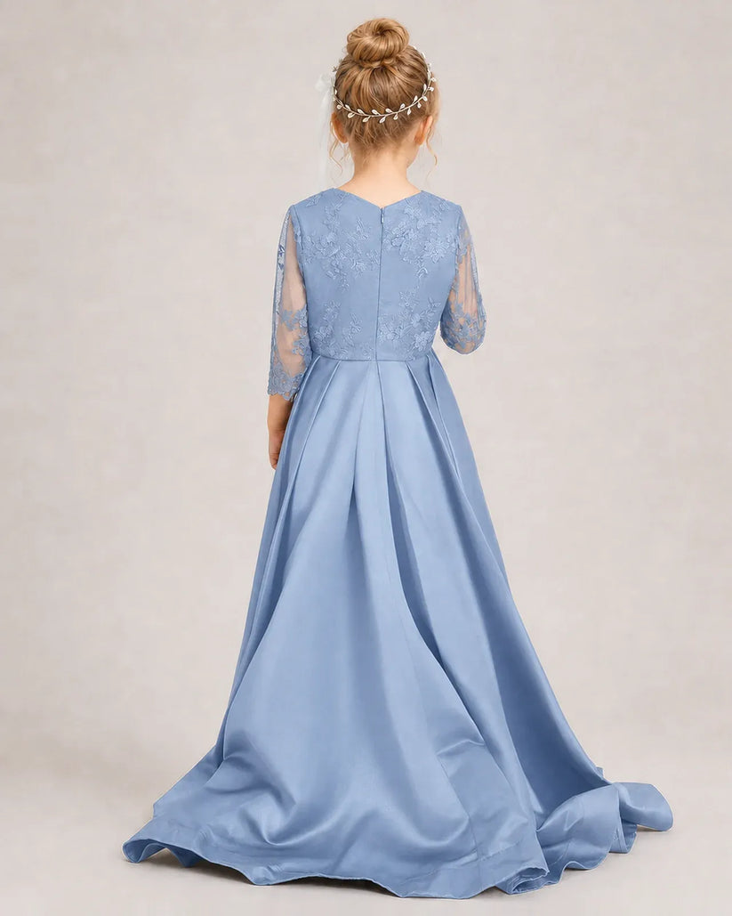 Dusty Blue Satin A-line Pageant Dress Back View