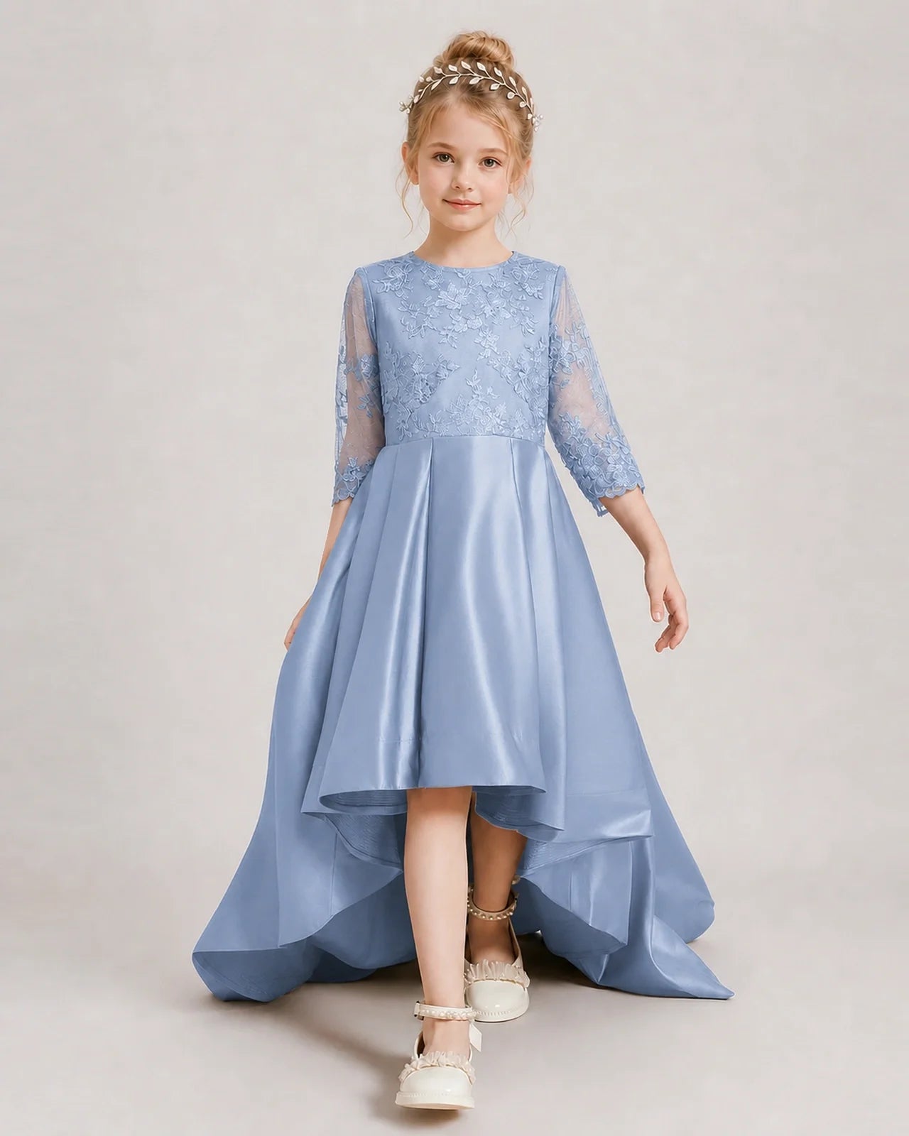 Dusty Blue Pageant Dress 3/4 Sleeve Lace High Low Satin Gown