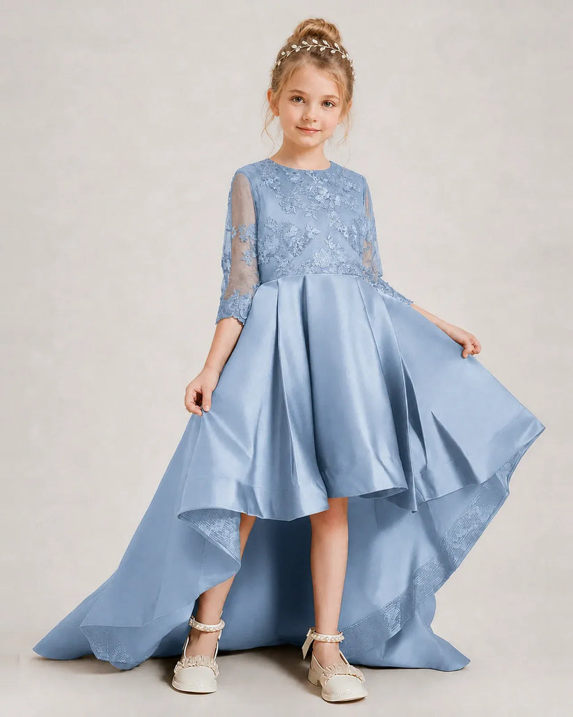 Dusty Blue Satin High-low Pageant Dress Front View