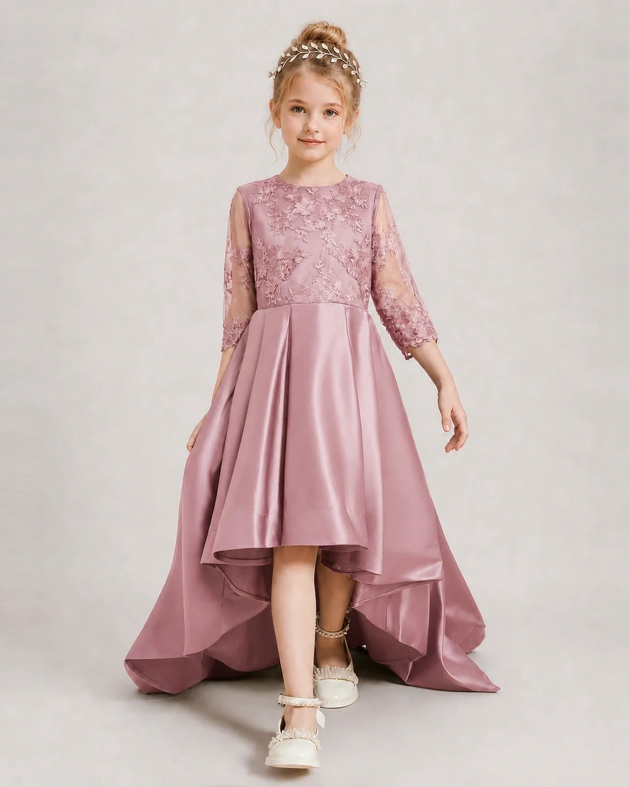 Dusty Rose Pageant Dress 3/4 Sleeve Lace High Low Satin Gown