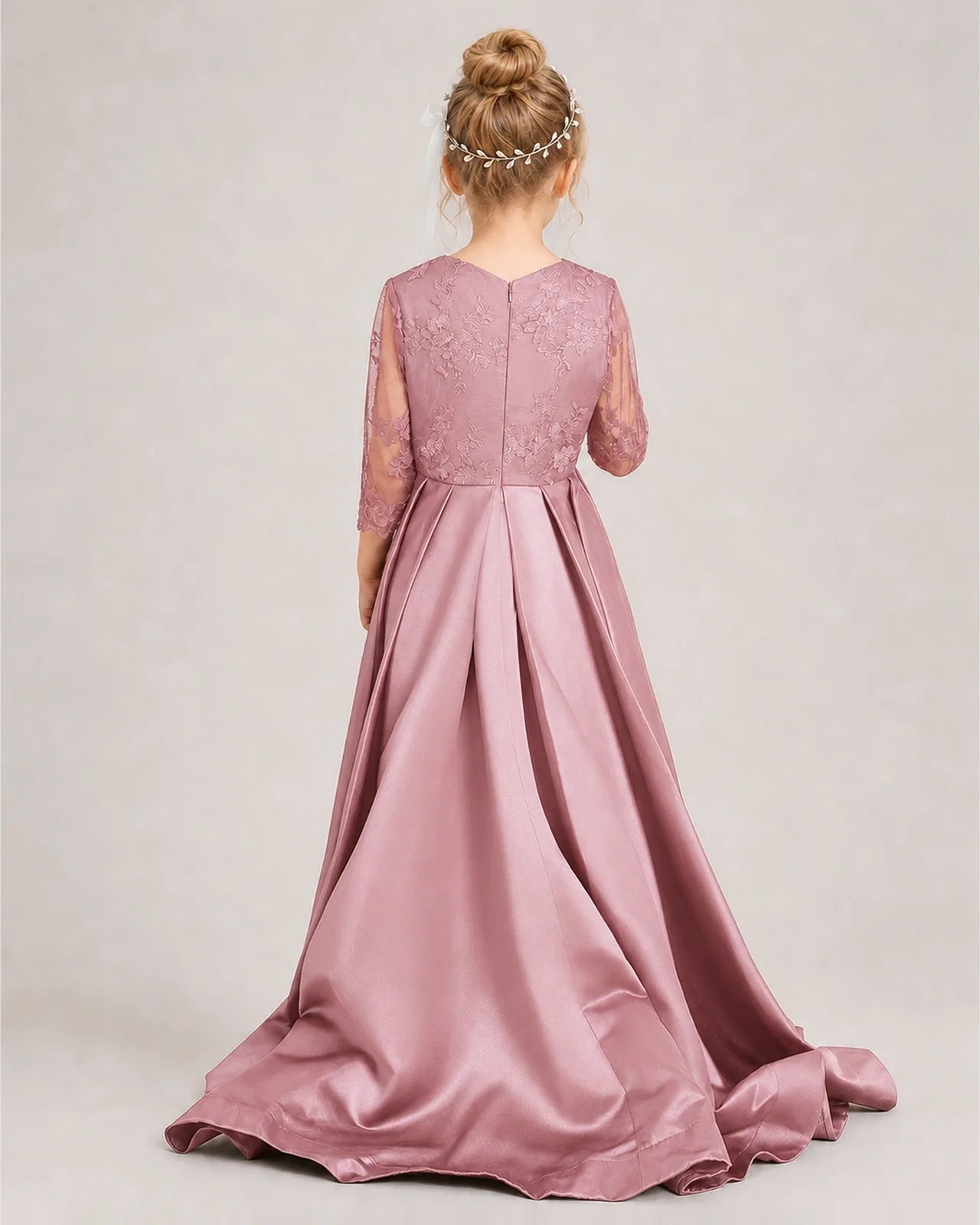 Dusty Rose Pageant Dress 3/4 Sleeve Lace High Low Satin Gown