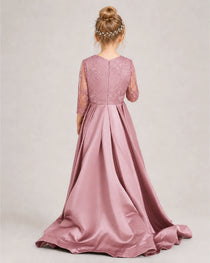 Dusty Rose Pageant Dress 3/4 Sleeve Lace High Low Satin Gown