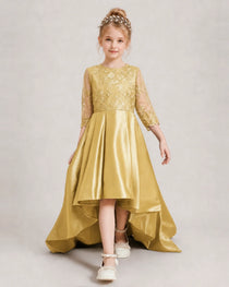 Gold Pageant Dress 3/4 Sleeve Lace High Low Satin Gown