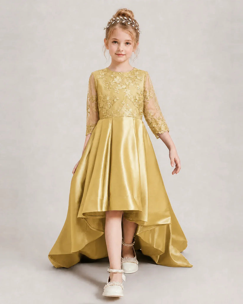 Gold Satin A-line Pageant Dress Front View