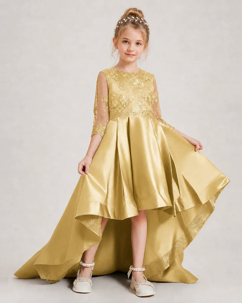 Gold Satin A-line Pageant Dress Front View