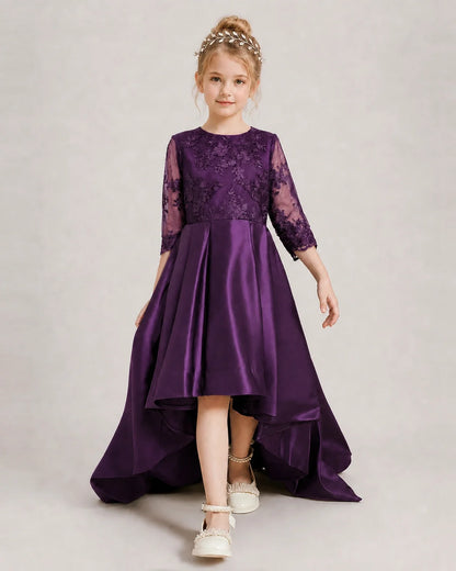Grape Pageant Dress 3/4 Sleeve Lace High Low Satin Gown