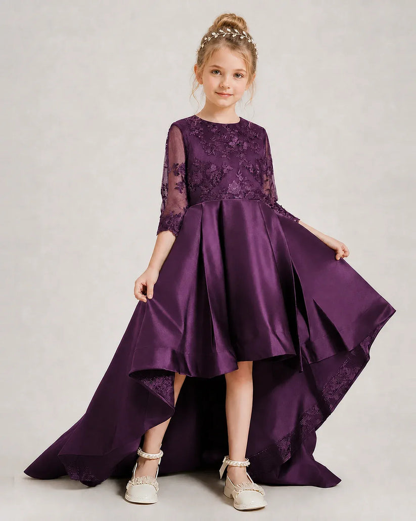 Grape Satin High-Low Pageant Dress Front View