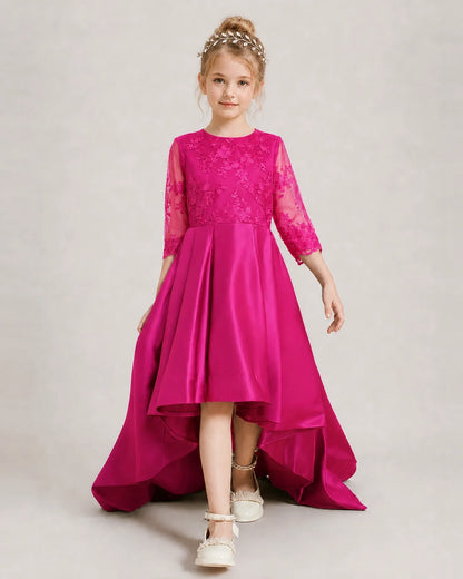 Hot Pink Pageant Dress 3/4 Sleeve Lace High Low Satin Gown