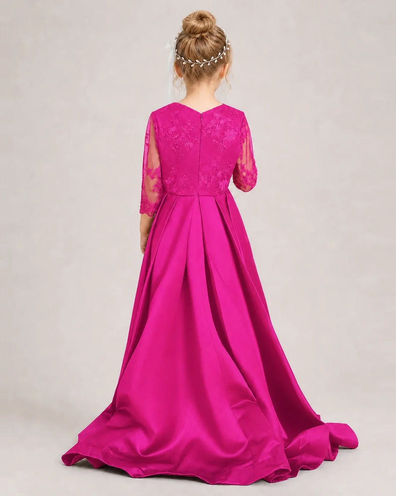Hot Pink Pageant Dress 3/4 Sleeve Lace High Low Satin Gown