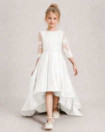 Ivory Pageant Dress 3/4 Sleeve Lace High Low Satin Gown