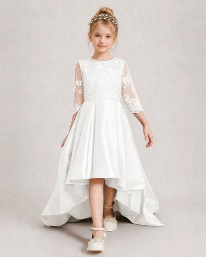 Ivory Pageant Dress 3/4 Sleeve Lace High Low Satin Gown