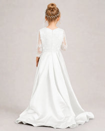 Ivory Pageant Dress 3/4 Sleeve Lace High Low Satin Gown